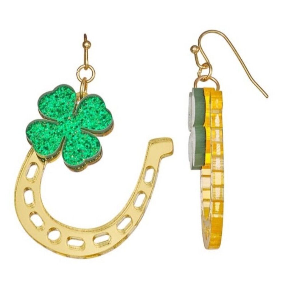 St. Patrick's Day Glitter Shamrock & Gold Horseshoe Dangle‎ Earrings Lightweight